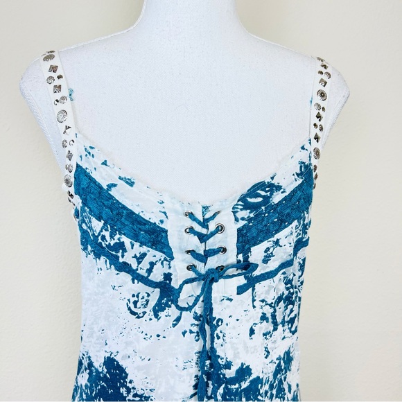 Mürmür White & Blue Burnout Stud Embellished Lace Up Long Tank Top Tunic / Dress - Picture 4 of 11